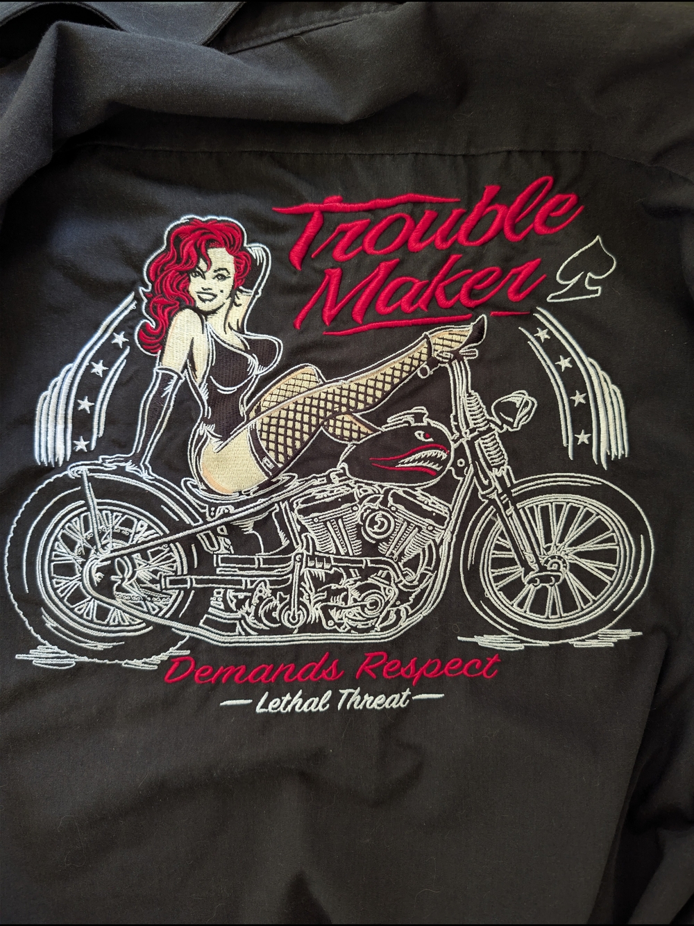 Trouble Maker Embroidered Black Men's Button-Down Biker Shirt, Lethal Threat